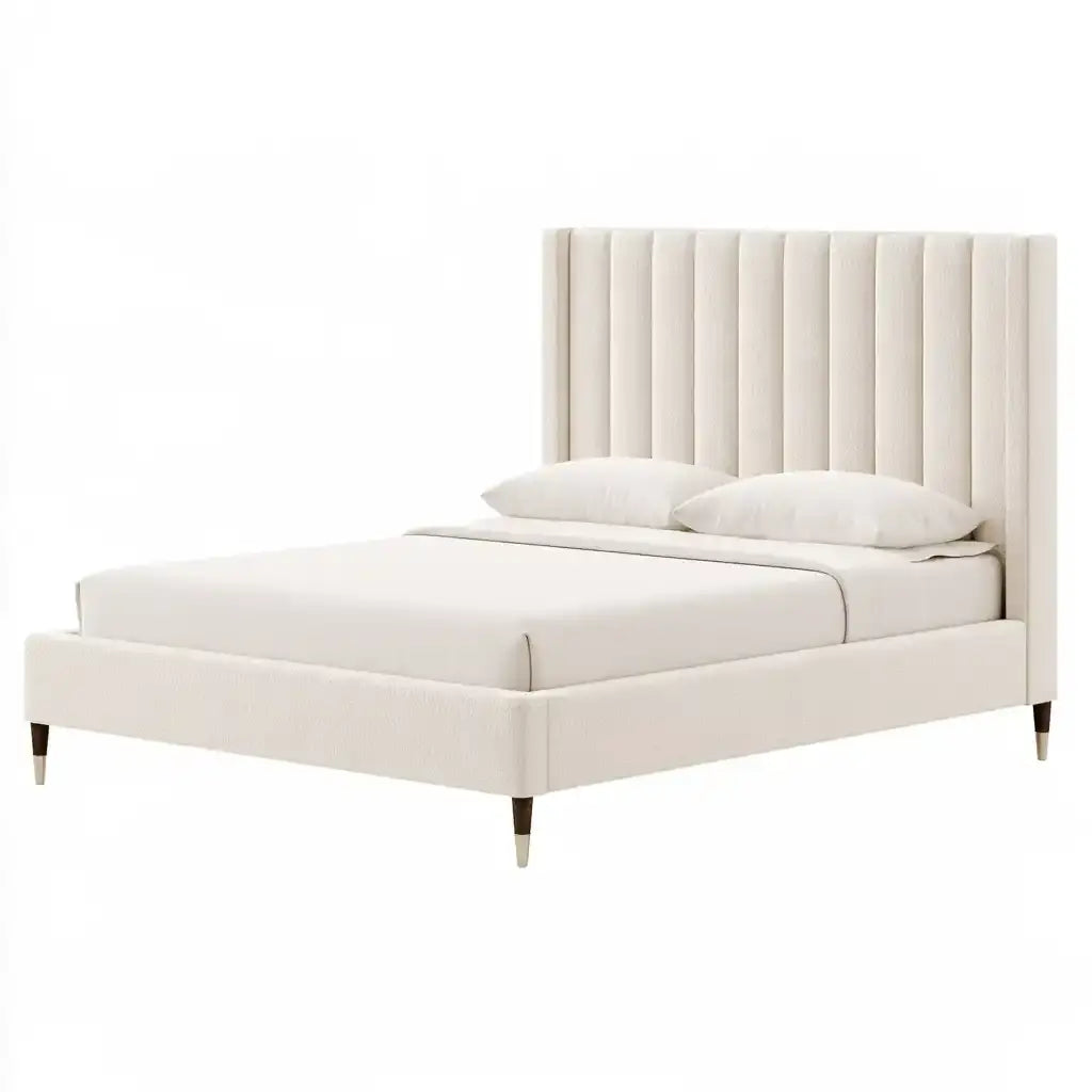 Cama con cabecero acolchado de líneas verticales - beige