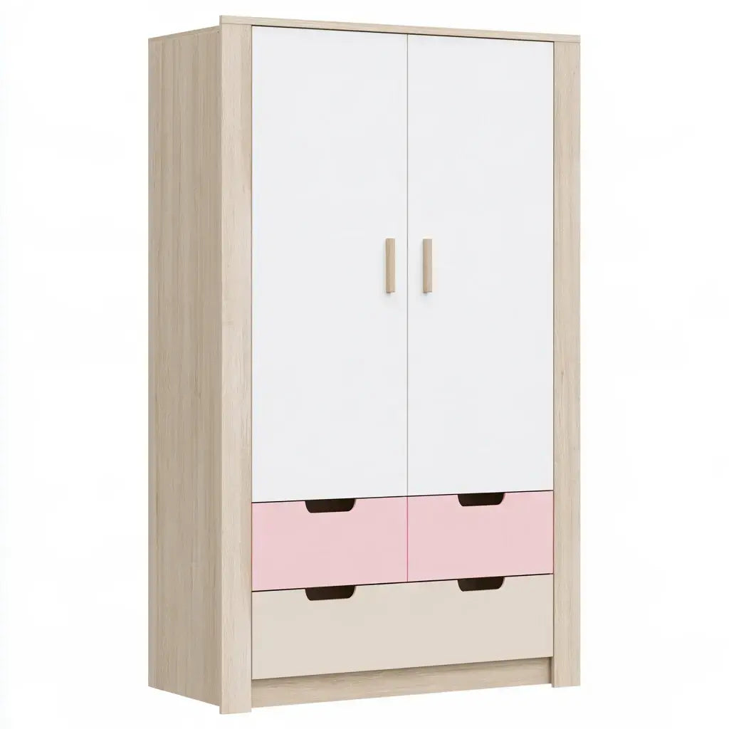 Armario con puertas lisas y cajones de colores - blanco/rosa/beige