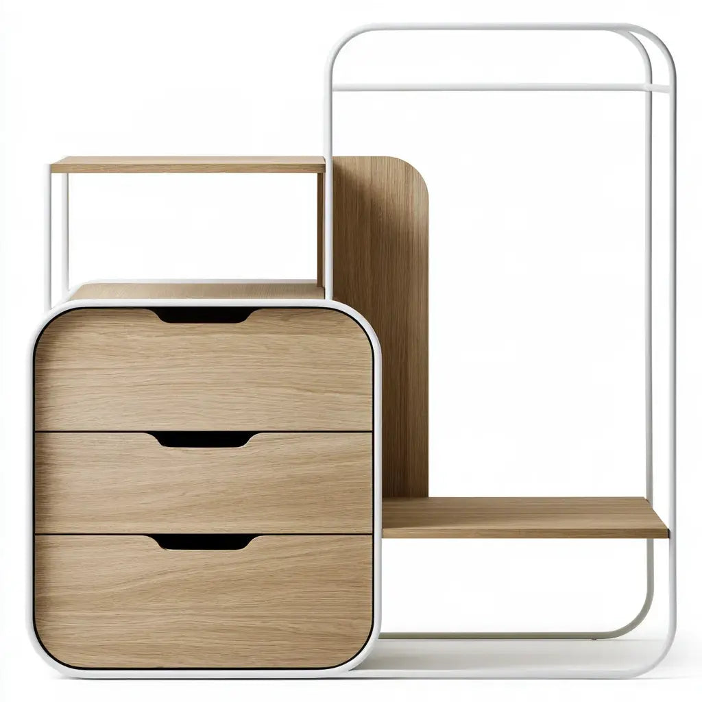Perchero con estructura tubular y cajonera lateral - blanco/marrón