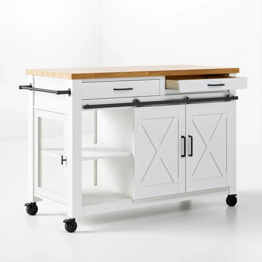 Isla de cocina con puertas cruzadas y estantes laterales - blanco/beige